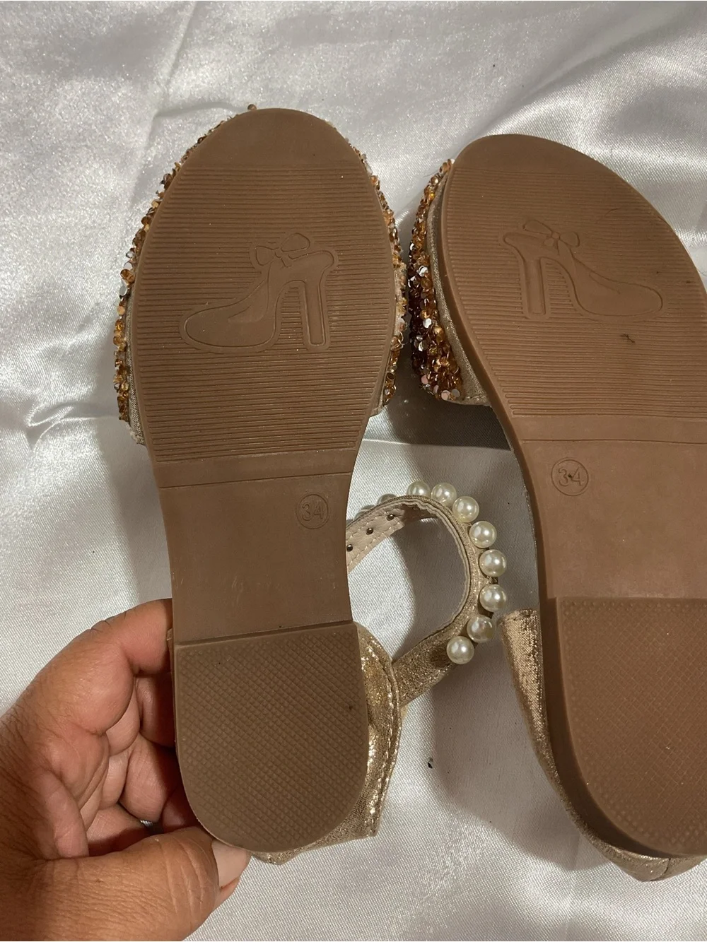 Girls' Gold Sequin Pearl Strap Sandals